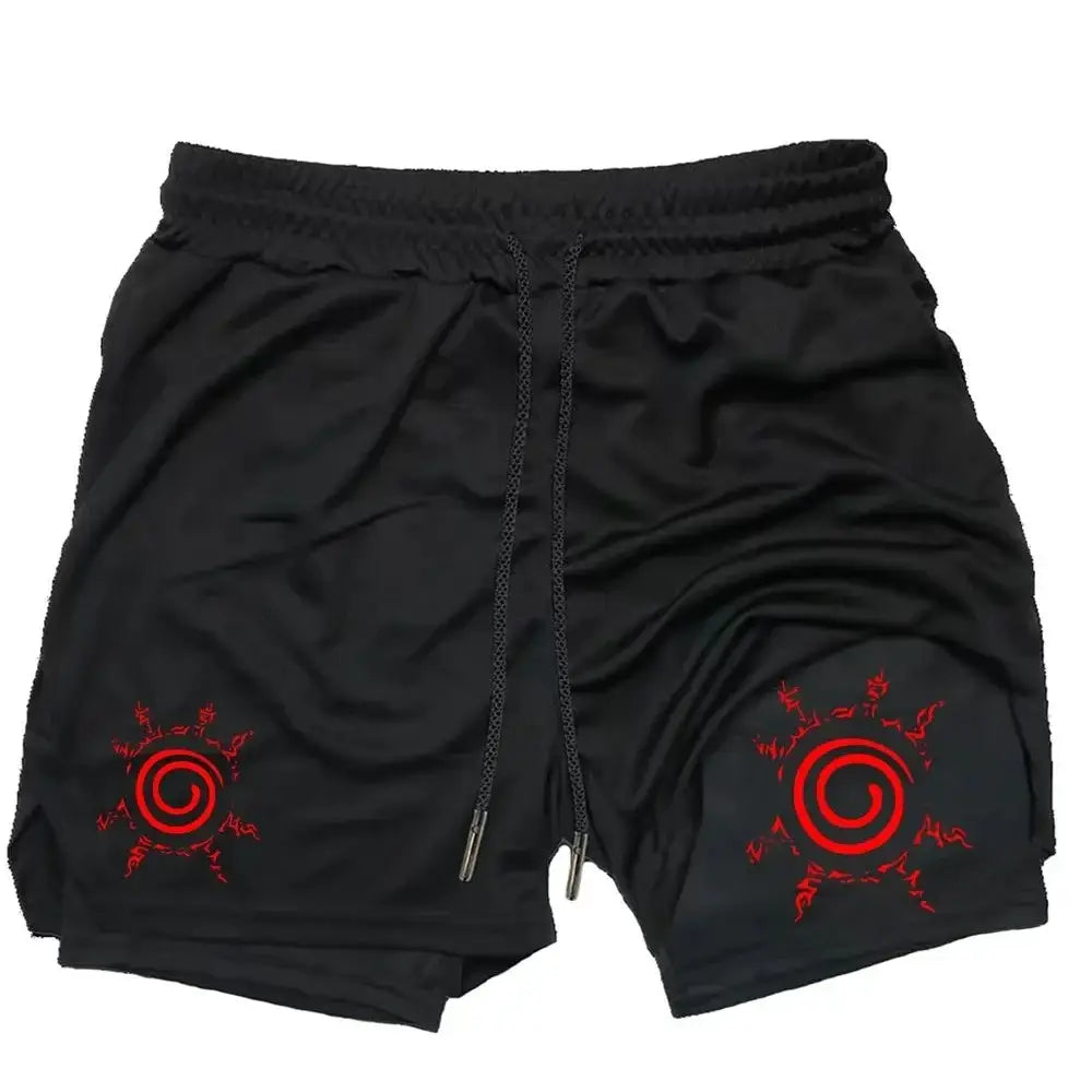 Black quick-dry men’s Naruto Uzumaki 2-in-1 running shorts with red embroidered spiral logos on each leg