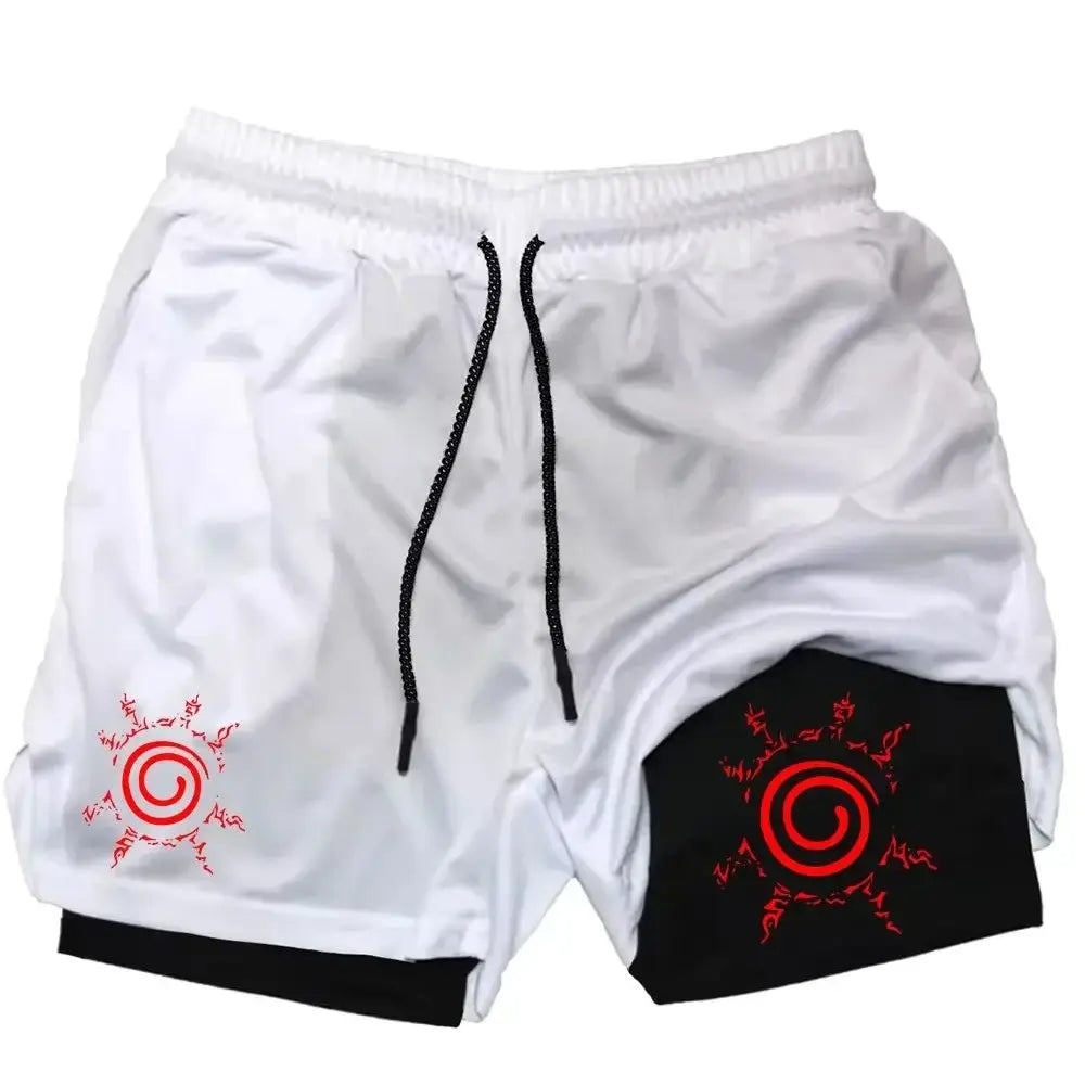 White and black two-tone naruto uzumaki quick-dry men’s gym running shorts with red spiral emblems and contrasting drawstrings