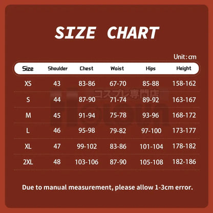 Brown size chart with white text displaying measurements for uzumaki cosplay costume teen adult set