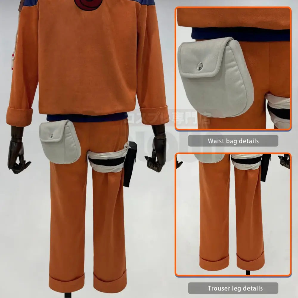 Light gray fabric waist bag with silver button closure included in naruto uzumaki cosplay costume set