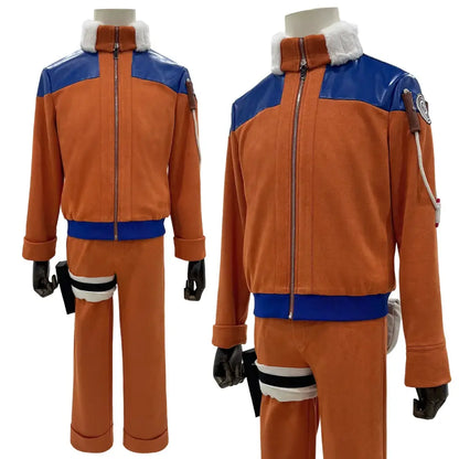 Orange and blue naruto uzumaki cosplay costume jacket with white fur collar zipper front and shoulder patches for teen adult