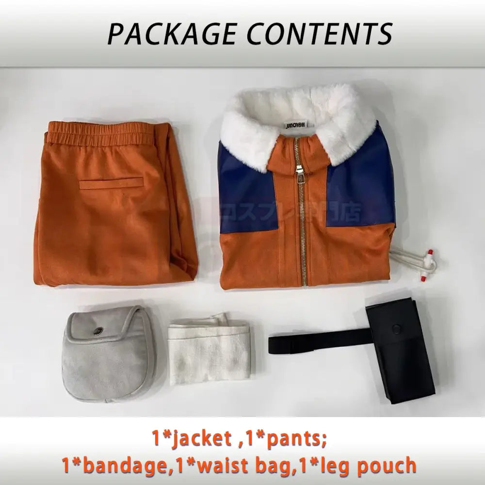 Orange and blue faux leather jacket with white fur collar for uzumaki cosplay costume teen adult set