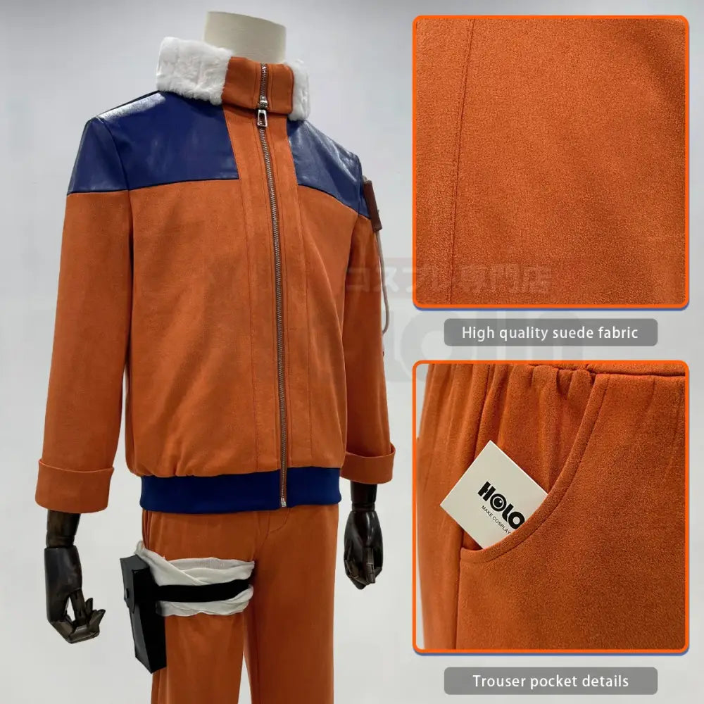 Orange and blue suede jacket with white fur-lined collar for uzumaki cosplay costume teen adult set