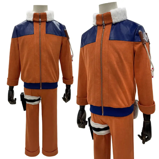Orange and navy blue Naruto uzumaki cosplay costume with white fur collar faux leather shoulders and matching pants set