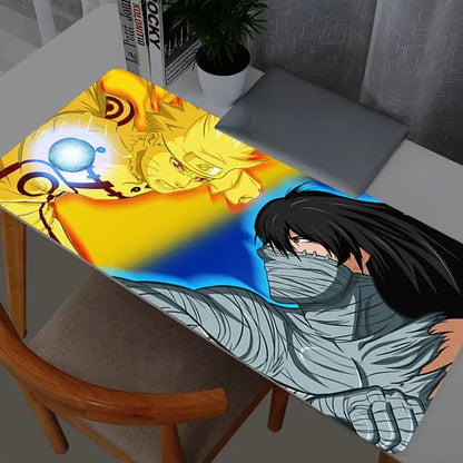 Vibrant naruto uzumaki desk mat gaming mouse pad featuring nine tails chakra mode naruto and bandaged sasuke with yellow blue gradients