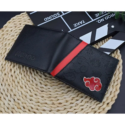 Black leather naruto uzumaki foldable wallet with red stripe embossed cloud pattern and akatsuki card holder pin