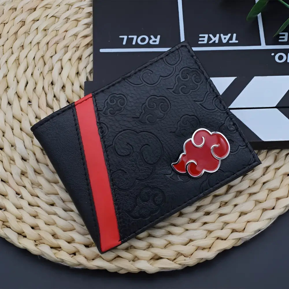 Black leather naruto uzumaki foldable wallet with embossed cloud pattern red akatsuki pin and red stripe card holder