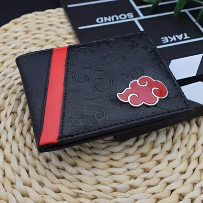 Black leather foldable card holder wallet with red stripe and akatsuki cloud emblem embossed for naruto uzumaki fans