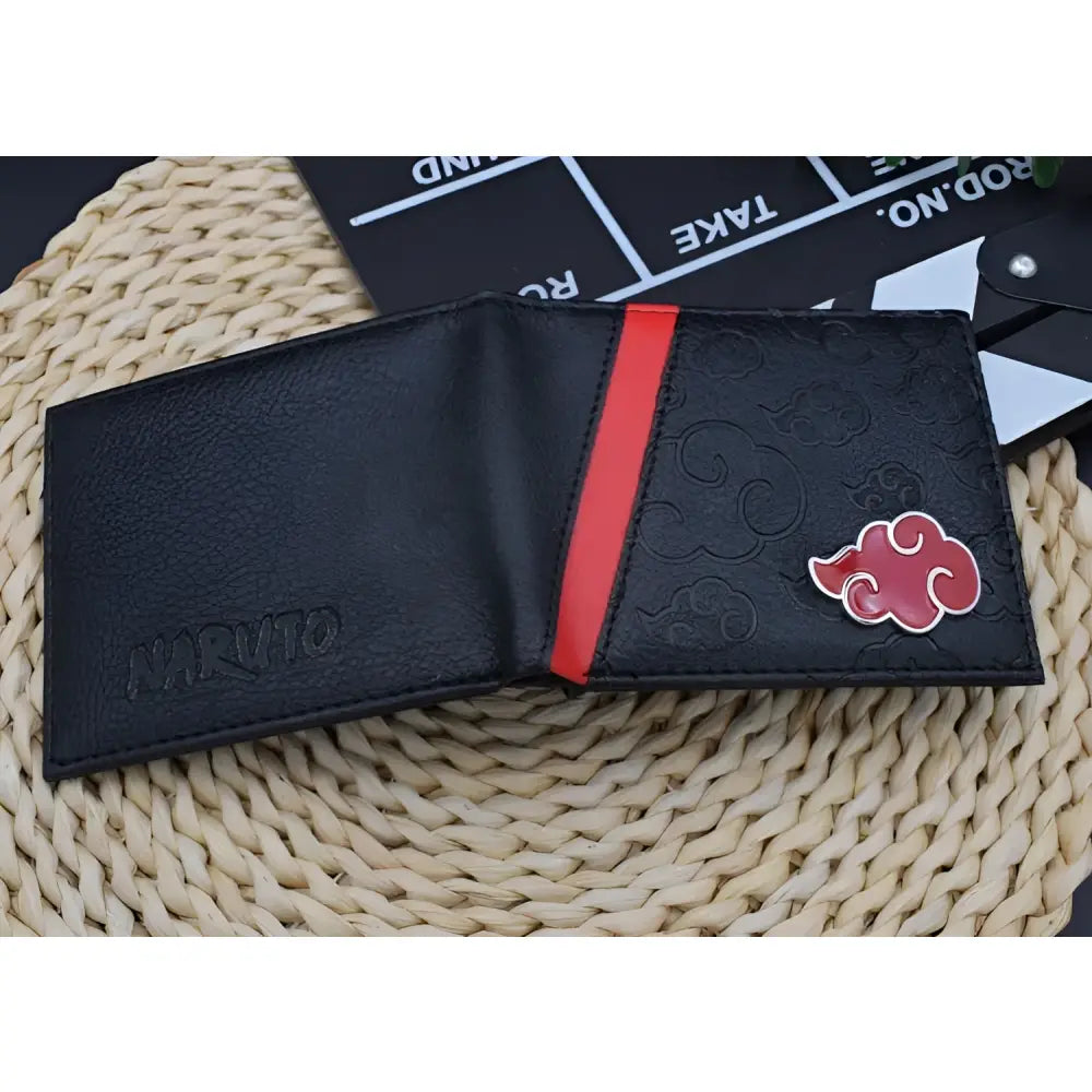 Black leather naruto uzumaki foldable wallet card holder with red cloud emblem and embossed branding