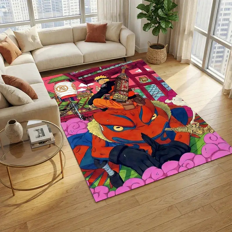 Naruto uzumaki gamabunta anime rug featuring a vibrant red and orange character with pink clouds on a colorful background