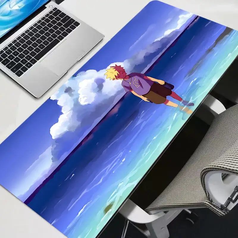 Naruto uzumaki gaming desk mat in blue and purple featuring an anime character floating above water under a cloudy sky
