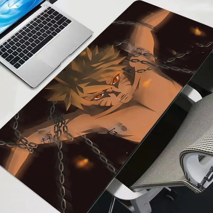 Naruto uzumaki gaming desk mat with spiky blonde anime character and chains on a black background gaming desk mat