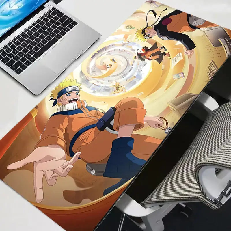 Naruto uzumaki gaming desk mat in black and white manga design with orange and blue anime artwork for gaming desk use