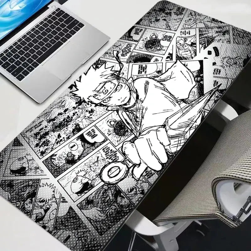 Naruto Uzumaki black and white manga gaming desk mat featuring dynamic comic panels and bold linework design
