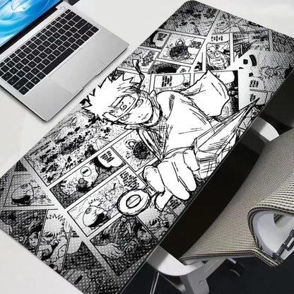 Naruto Uzumaki black and white manga gaming desk mat featuring dynamic comic panels and bold linework design