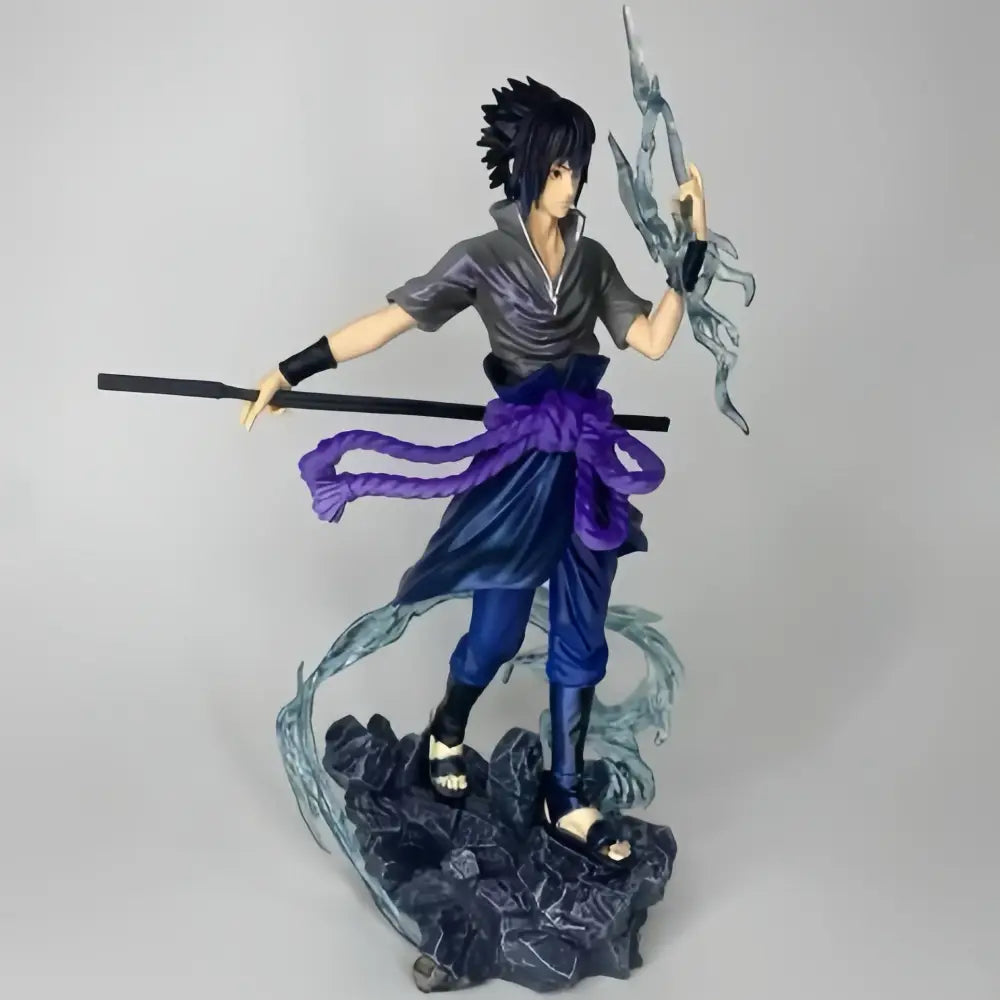 Sasuke Uchiha action figure in dark gray and blue with purple sash holding weapon for Uzumaki Naruto figure collection