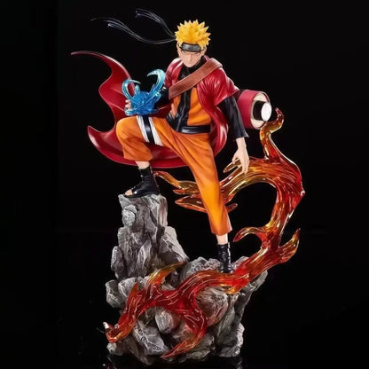 Naruto uzumaki action figure in orange jumpsuit with red cloak holding blue chakra orb on rocky terrain with fiery effects