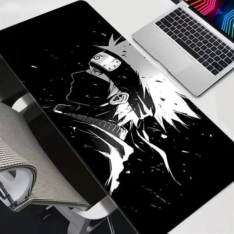 Black and white anime themed kakashi hatake illustration on naruto naruto xxl gaming mouse pad large desk mat