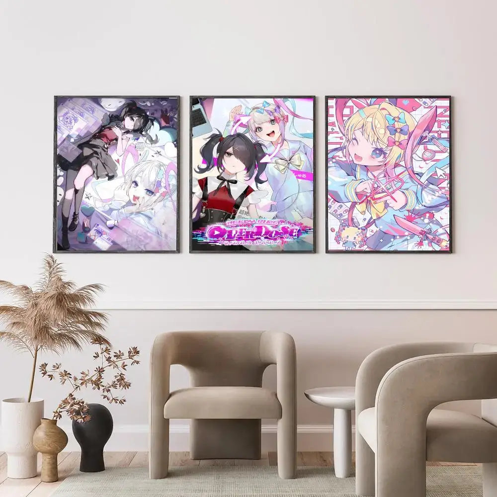 Three framed anime posters of needy streamer overload izumo in vibrant pink purple with hd waterproof self-adhesive material