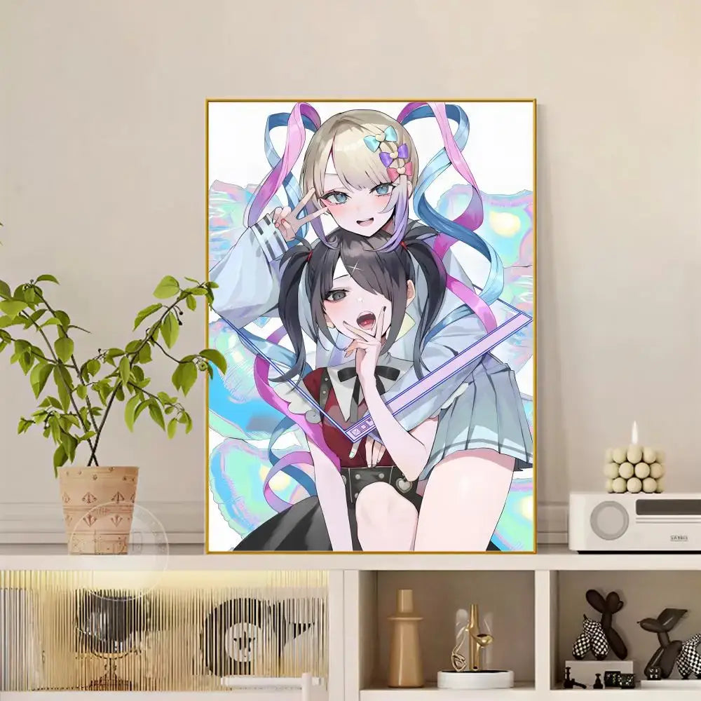 A vibrant anime-style diamond painting poster featuring two girls with colorful ribbons in school uniforms framed in gold