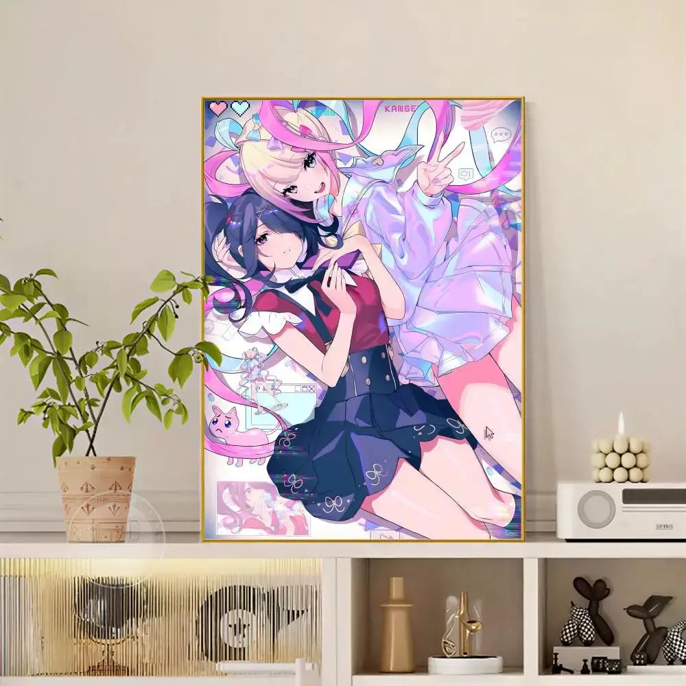 A vibrant anime-style needy streamer overload izumo poster with colorful detailed outfits in a gold frame hd waterproof