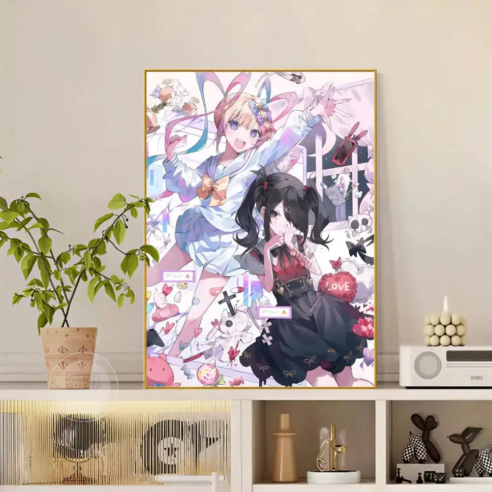 A framed anime-style diamond painting poster of needy streamer overload izumo with vibrant pastel hearts and skulls