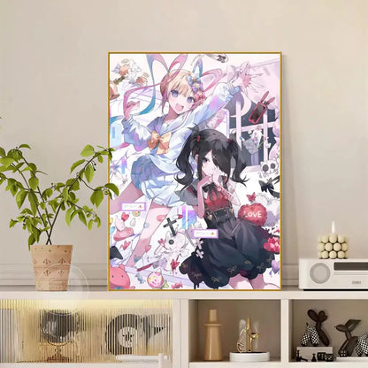 A framed anime-style diamond painting poster of needy streamer overload izumo with vibrant pastel hearts and skulls