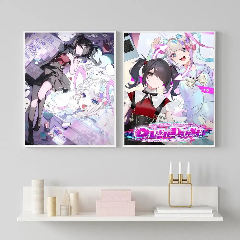 Two framed anime-style needy streamer overload izumo posters in vibrant purple and pink tones with hd waterproof print
