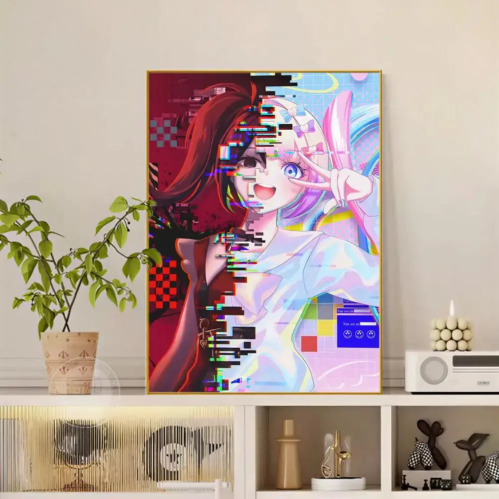 A vibrant hd waterproof self-adhesive poster of a stylized anime girl with glitch effects framed in gold titled needy streamer overload izumo