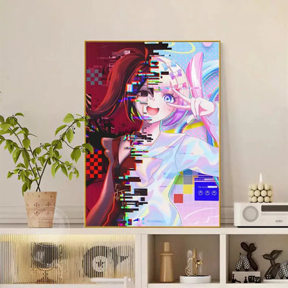 A vibrant hd waterproof self-adhesive poster of a stylized anime girl with glitch effects framed in gold titled needy streamer overload izumo
