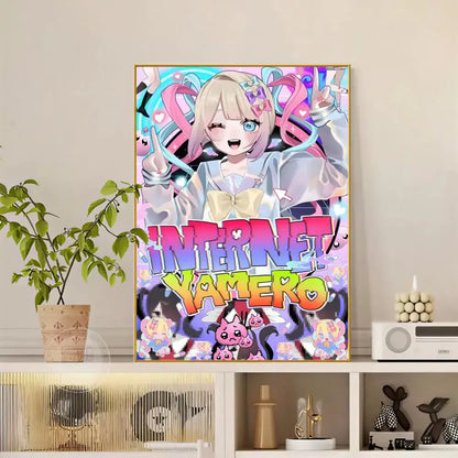 A vibrant framed anime poster of needy streamer overload izumo with blonde hair and blue eyes on a colorful background