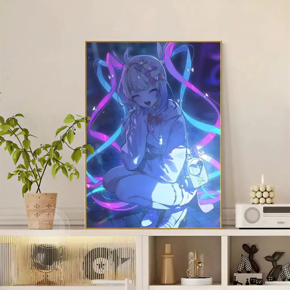A framed anime-style needy streamer overload izumo poster with blue hair and glowing purple cyan ribbons on cosmic background