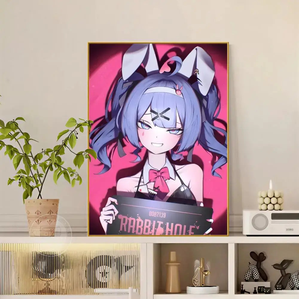 A framed anime-style poster of izumo with blue hair and bunny ears holding a rabbit hole sign on vibrant pink background