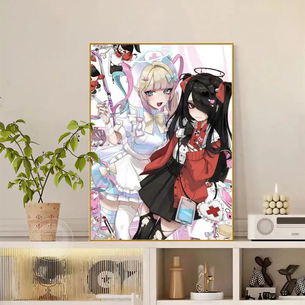 A framed gold color anime-style diamond painting of nurse and devil Izumo characters in needy streamer overload poster