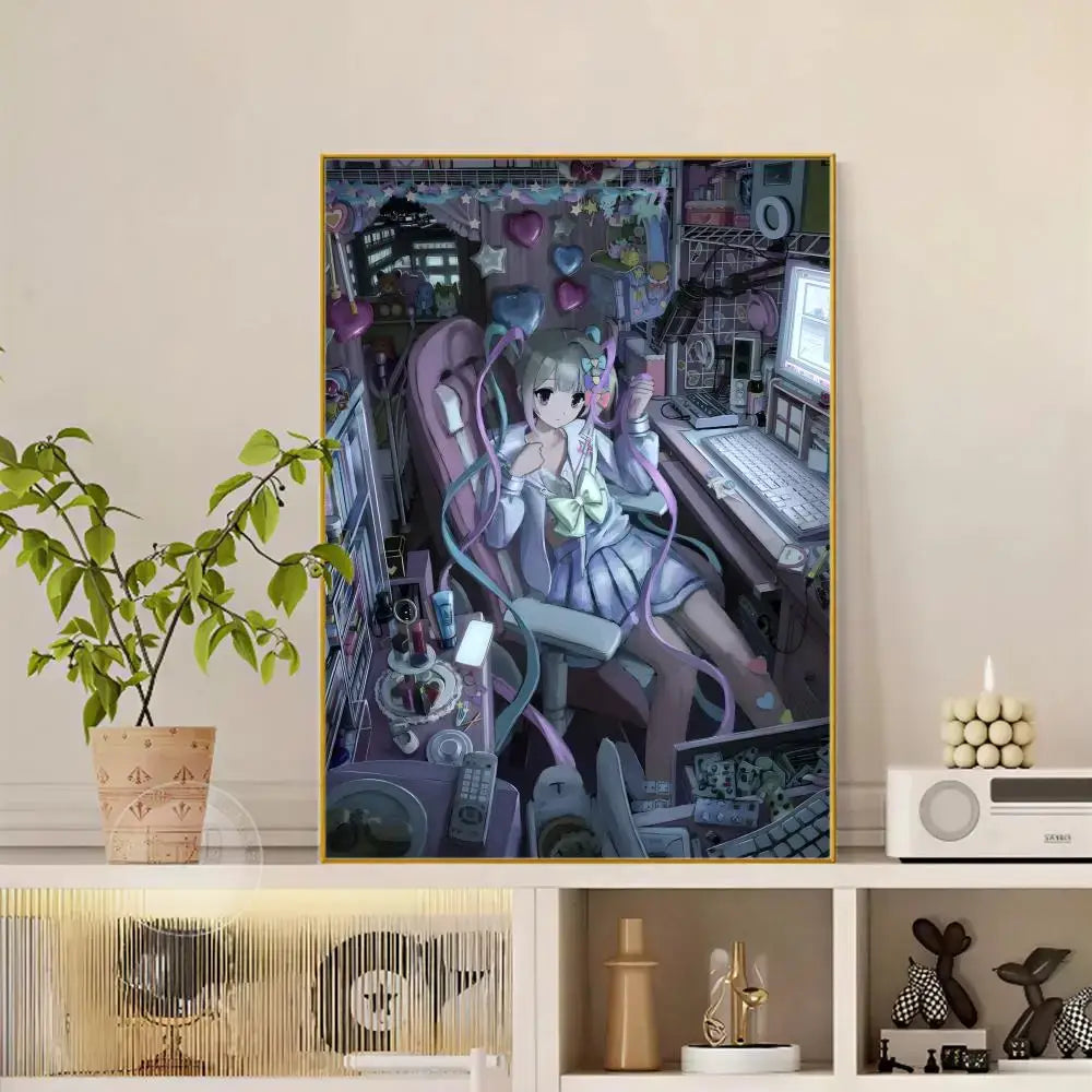Gold-framed anime-style diamond painting of girl in white and green outfit with purple cables hearts and tech gadgets poster