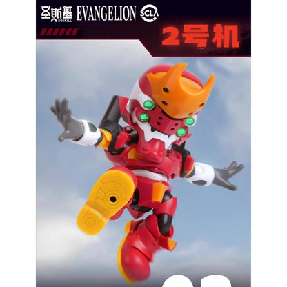 Neon genesis evangelion assembling figure q edition in red and orange with green glowing eyes and yellow boot accents