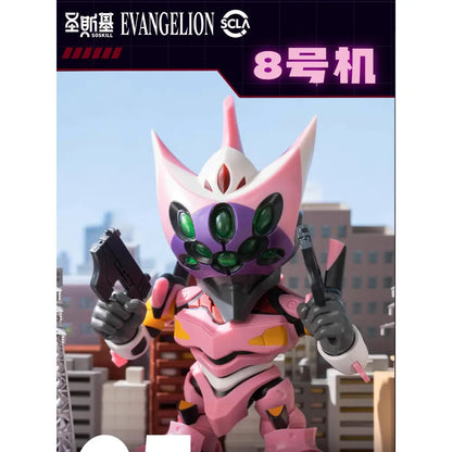 Pink and purple neon genesis evangelion assembling figure unit-8 with green eye details holding black guns in q edition