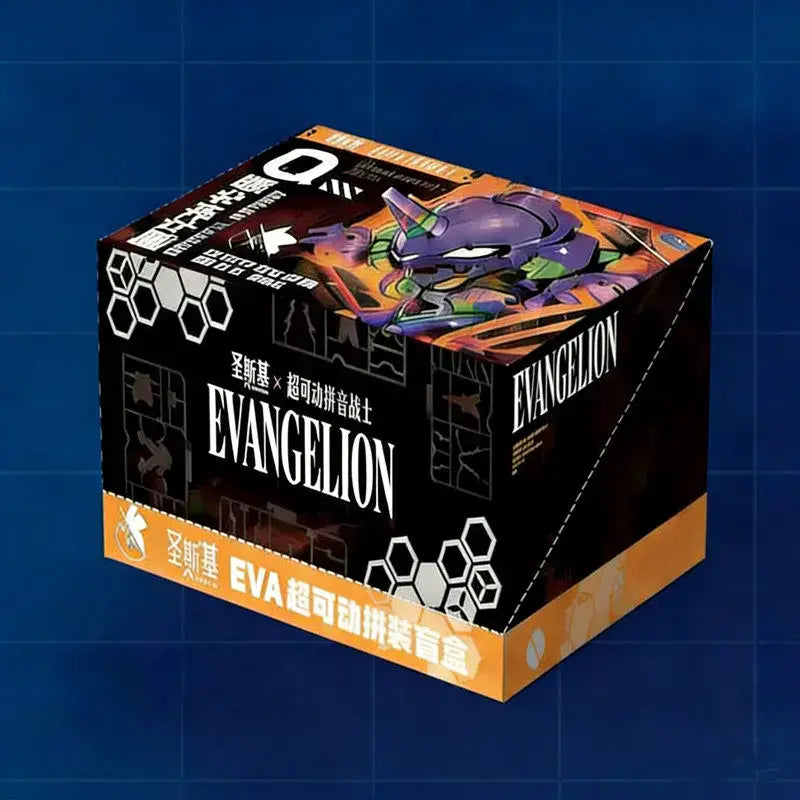 Black and orange box featuring a purple evangelion unit-01 illustration with white hexagonal patterns for neon genesis assembling figure