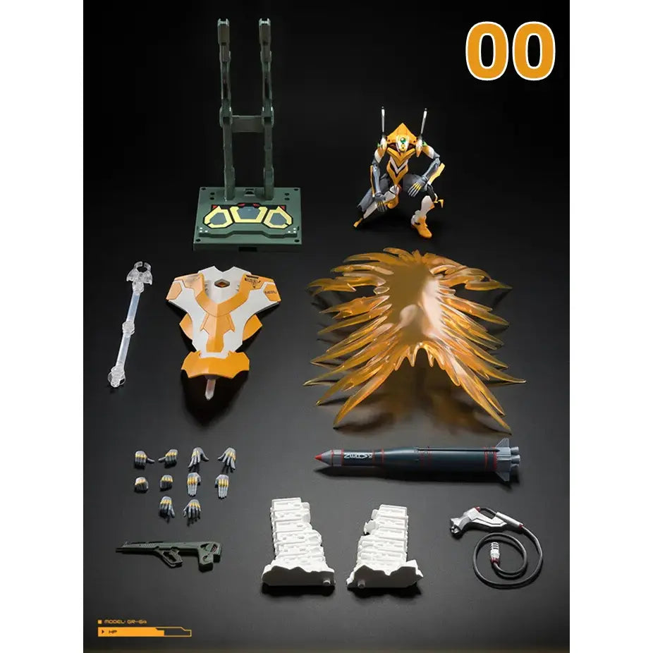Yellow and white neon genesis evangelion eva-02 armor action figure with articulated joints and translucent orange wing accessory