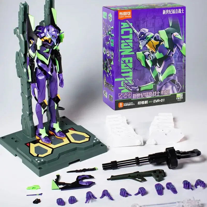 Neon genesis evangelion assembled figure of purple and green unit-01 with detailed armor on dark gray display base