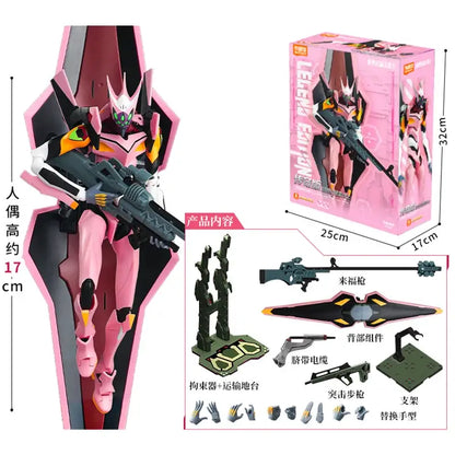 Neon genesis evangelion asuka assembled figure eva-02 armor in pink and black with yellow accents holding a rifle