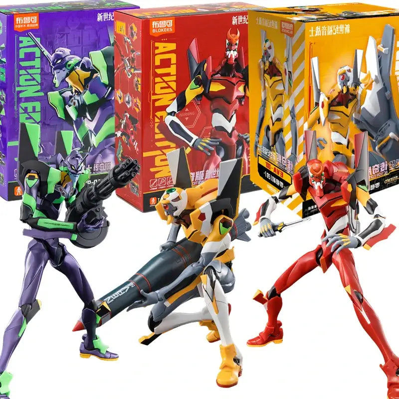 Three neon genesis evangelion assembled figures in purple, red, and yellow displayed with eva-02 armor packaging