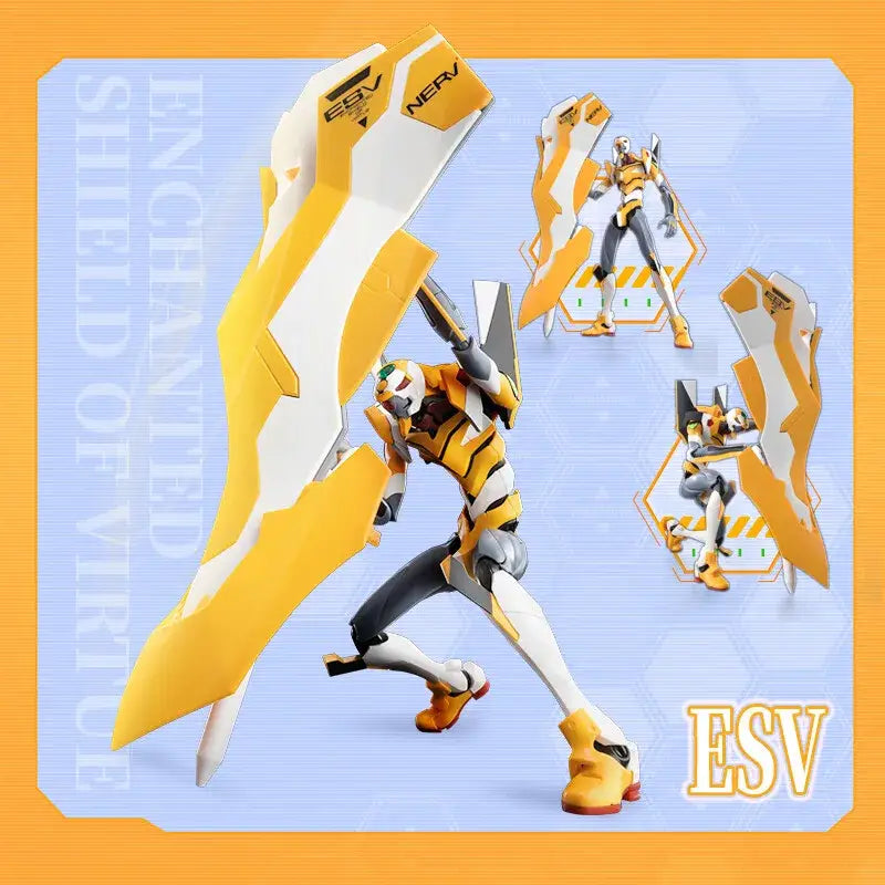 Yellow and white neon genesis evangelion eva-02 armor action figure with black accents holding signature shield