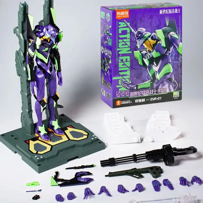 Purple and green neon genesis evangelion unit-01 action figure with detailed robot armor on a dark gray display base
