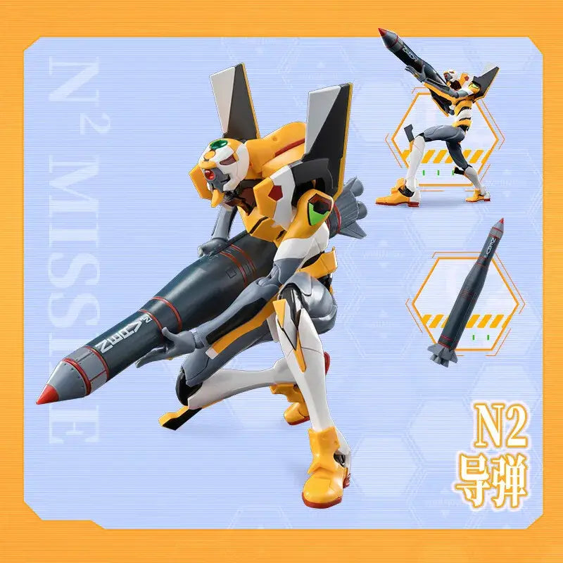 Yellow and white Neon Genesis Evangelion Asuka robot armor action figure holding black n2 missile in assembled form