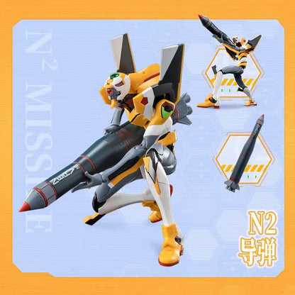 Yellow and white Neon Genesis Evangelion Asuka robot armor action figure holding black n2 missile in assembled form