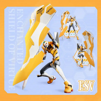 Neon genesis evangelion asuka assembled figure robot armor action figure in yellow white and black holding signature shield