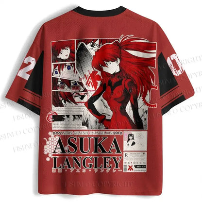 Red neon genesis evangelion v-neck tee with asuka langley graphic print and black sleeve and collar accents