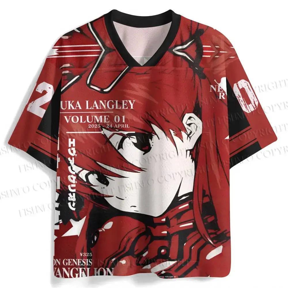 Red short-sleeved v-neck neon genesis evangelion t-shirt featuring asuka langley graphic with black and white accents