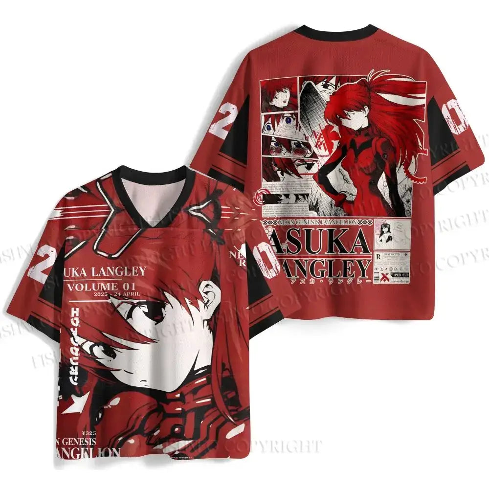 Red short-sleeved v-neck t-shirt featuring black and white graphic of asuka langley from neon genesis evangelion with red accents